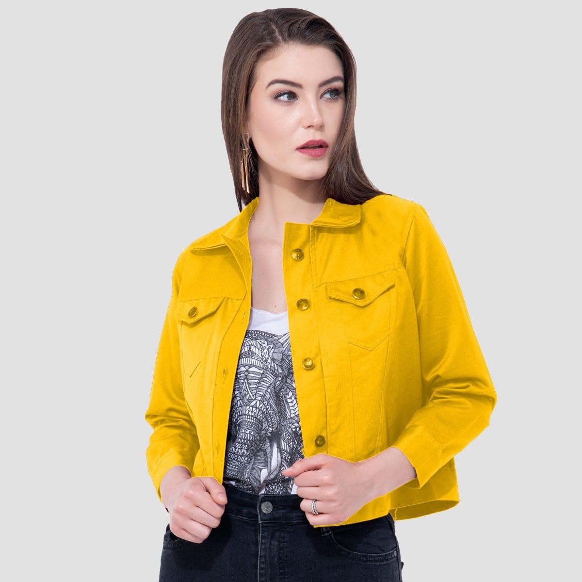 MONTREZ Women Yellow Crop Denim Jacket 2