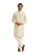 Manyavar Mens Linen Self Design Long Kurta (Natural,XXXL)