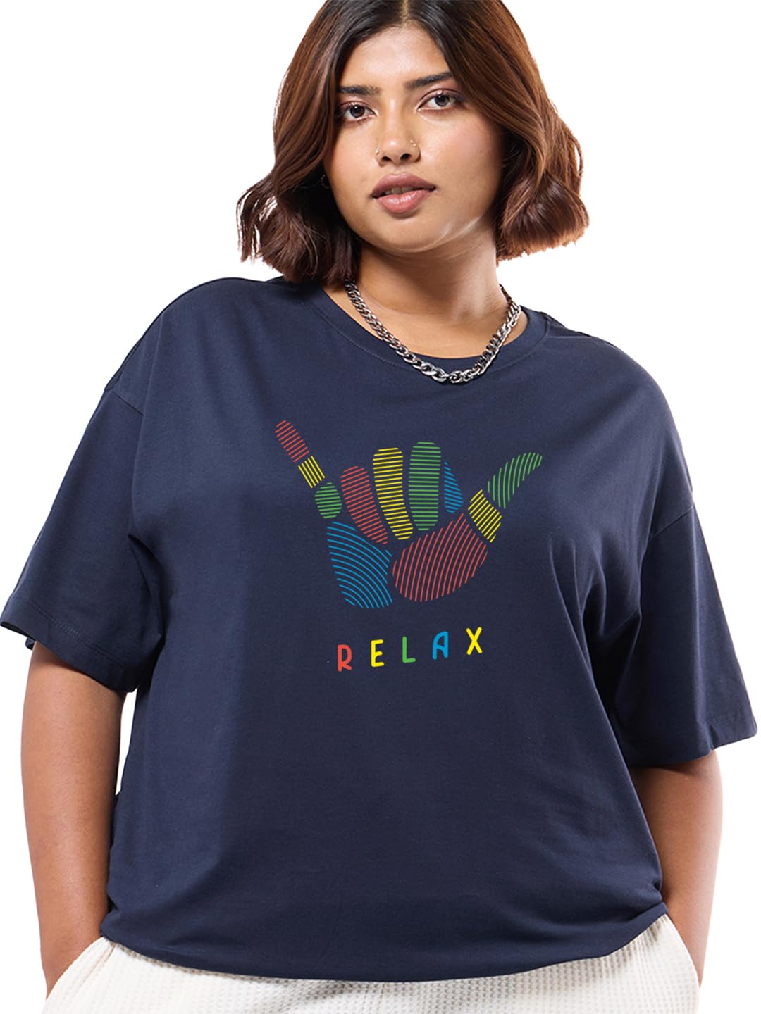 Bewakoof Womens Graphic Print Oversized Fit Half Sleeve Round Neck Pure Cotton Plus T-Shirt_694277_Blue_6XL