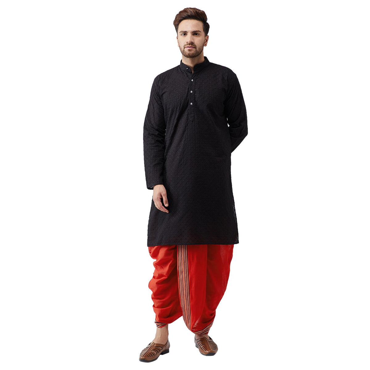 SOJANYA (Since 1958, Mens Black & Red Pure Cotton Kurta Dhoti Set, Size: M