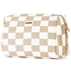 Large Vegan Leather Makeup Bag Zipper Pouch Travel Cosmetic Organizer for Women (Large, Light Checkerboard)