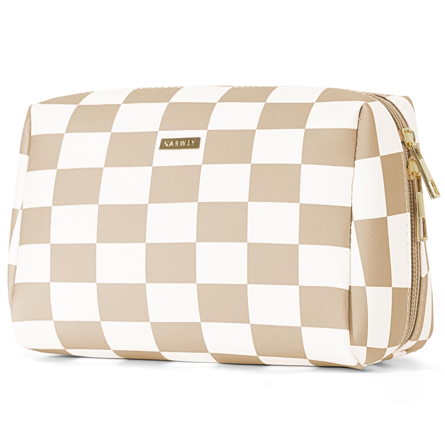 Large Vegan Leather Makeup Bag Zipper Pouch Travel Cosmetic Organizer for Women (Large, Light Checkerboard)