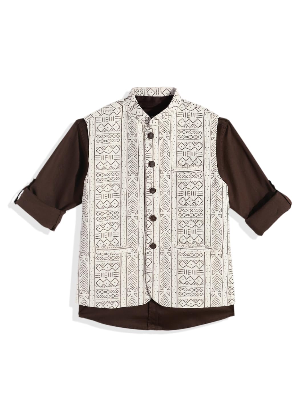 Boys Sleeveless Geometric Printed Nehru Jacket And Shirt 15-16