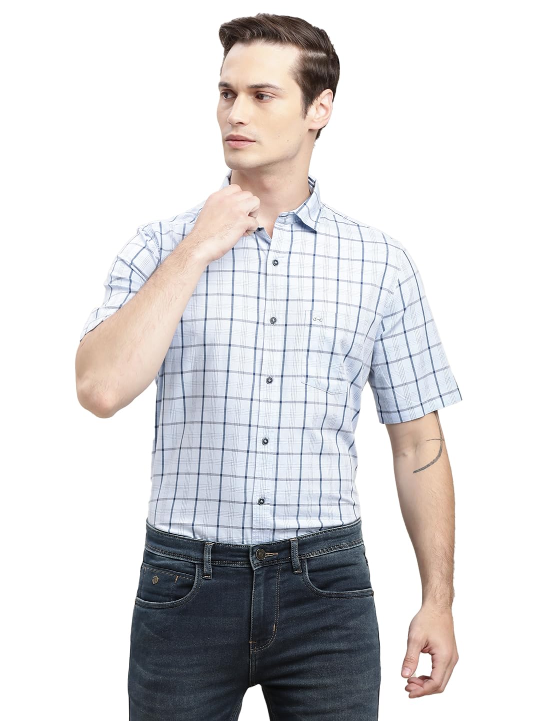 Turtle Men Light Blue Checkered Half Sleeve Slim Fit 100% Cotton Casual Shirt