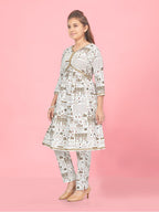 Aarika Girls Cream-Blue Color Cotton Kurti Pant Set