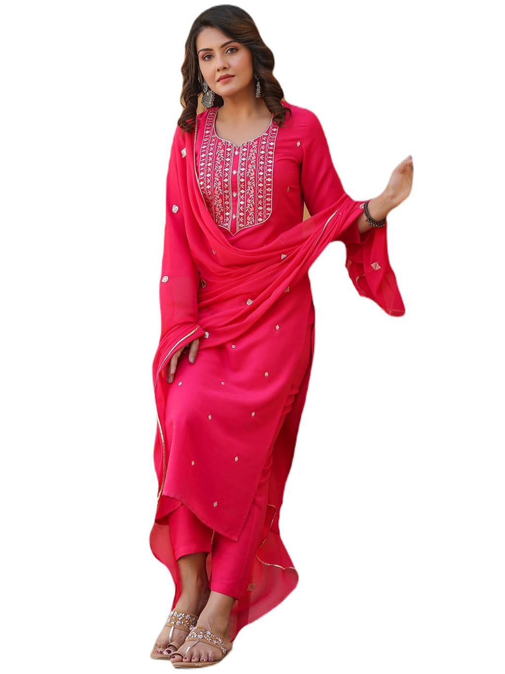 ANNI DESIGNER Womens Rayon Blend Embroidered Straight Kurta with Pant & Dupatta (Kasturi Pink_S_Pink_Small)