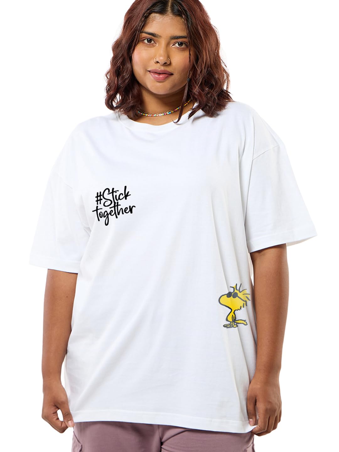 Bewakoof Official Peanuts Merchandise Snoopy Womens Graphic Printed Oversized Fit Half Sleeve Round Neck Cotton Jersey Plus Siz