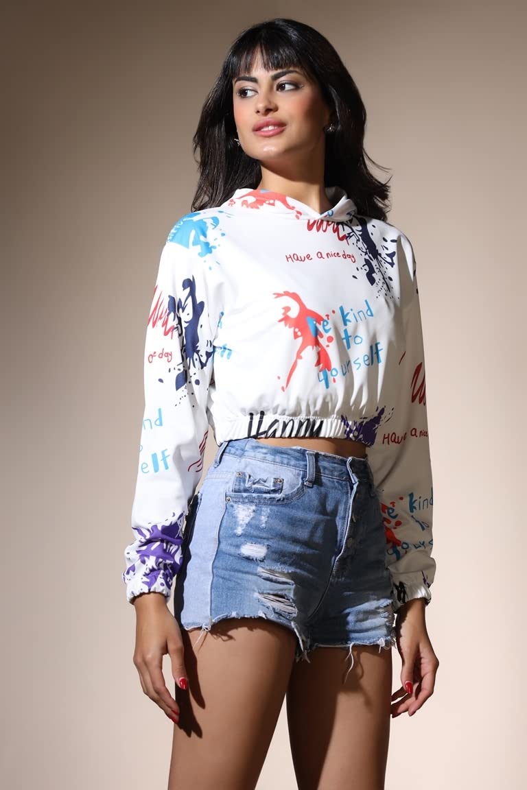 Leriya Fashion Western Tops For Women | Stretchy Lycra Tropical Print Hoodie Neck | Hoodies With Loose Fit Ladies Top | Ideal Fo