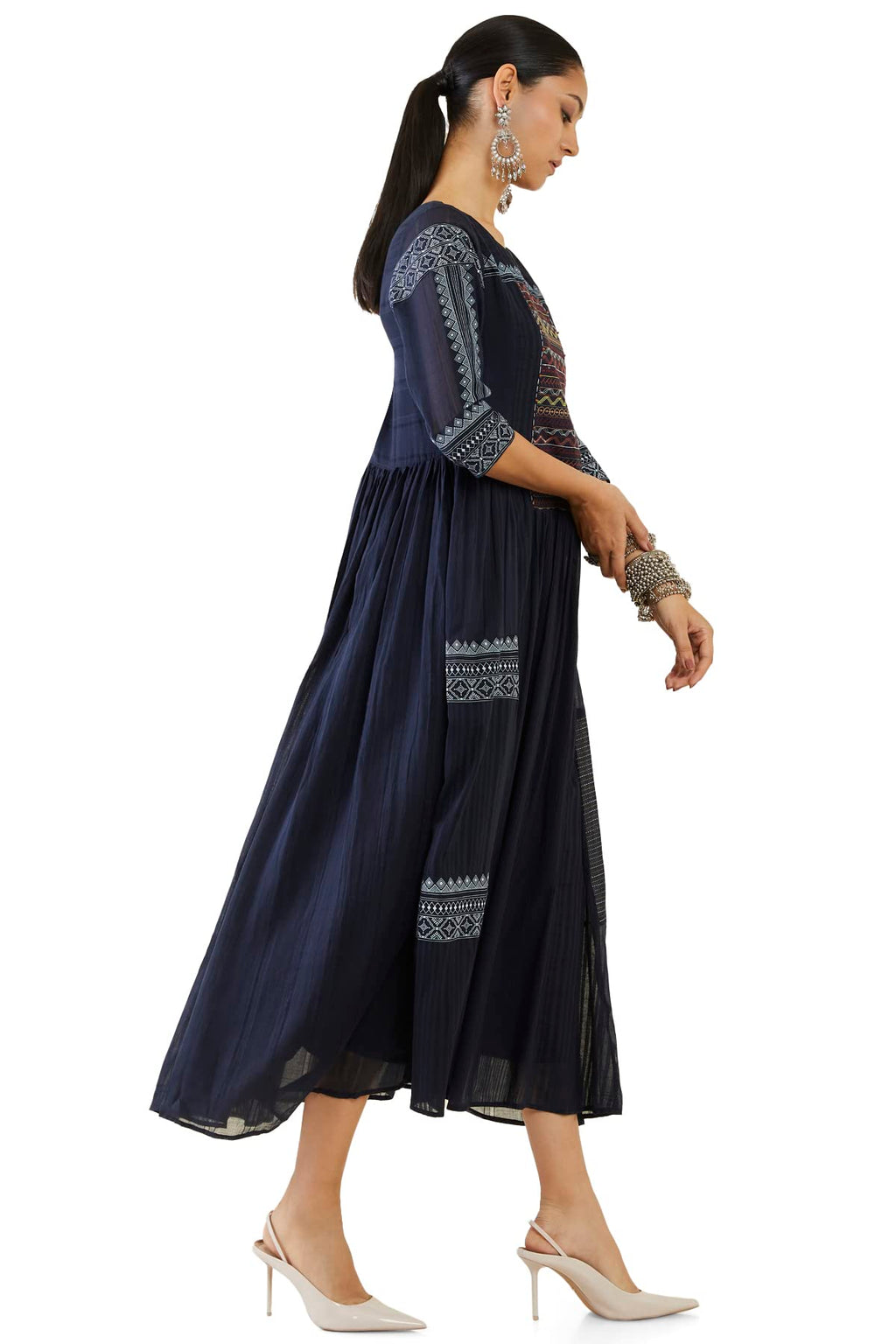 Soch Women Navy Blue Cotton Embroidery Dress Kurta