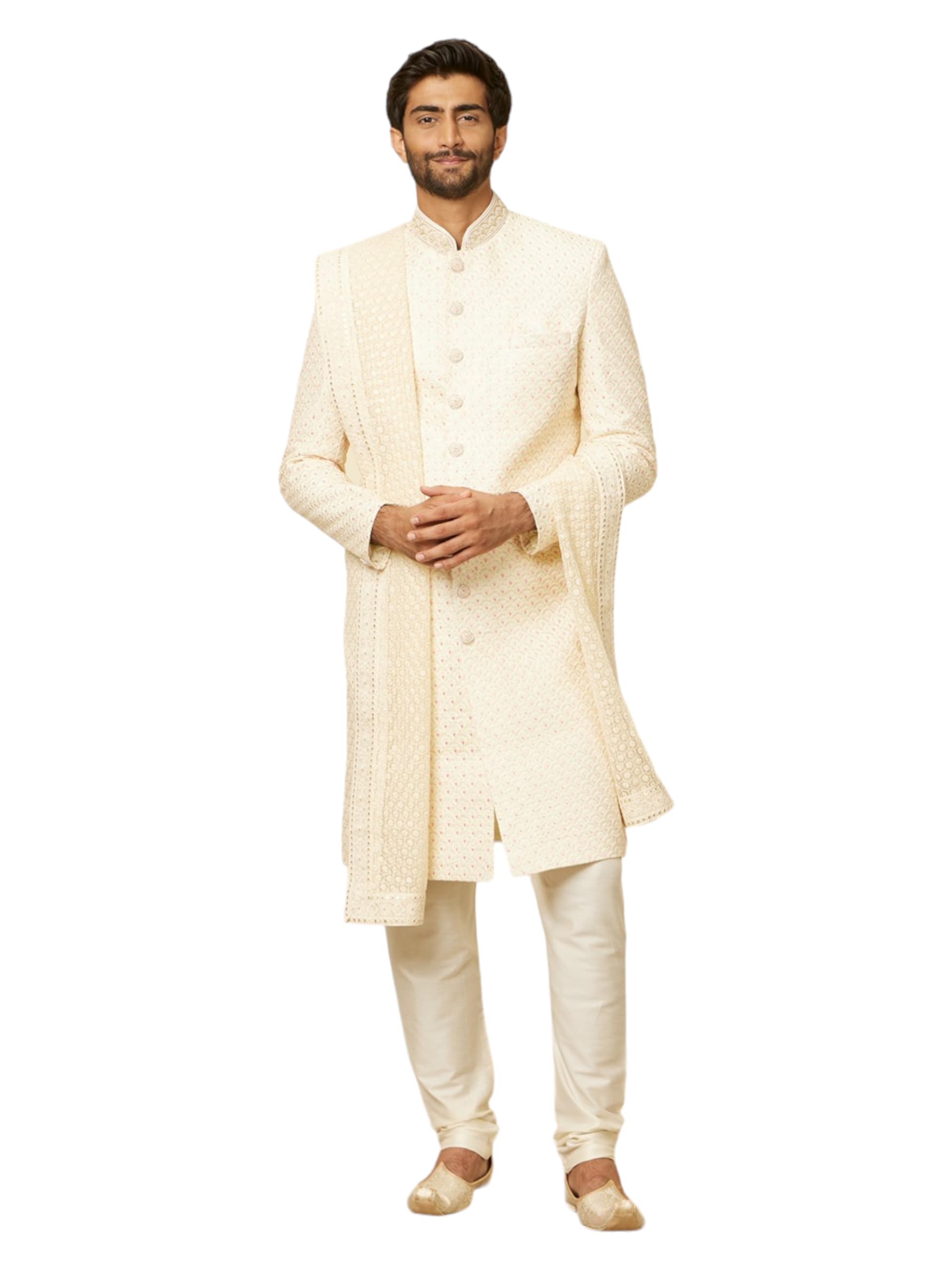 Manyavar Cream Self Patterned Sequined Dupatta