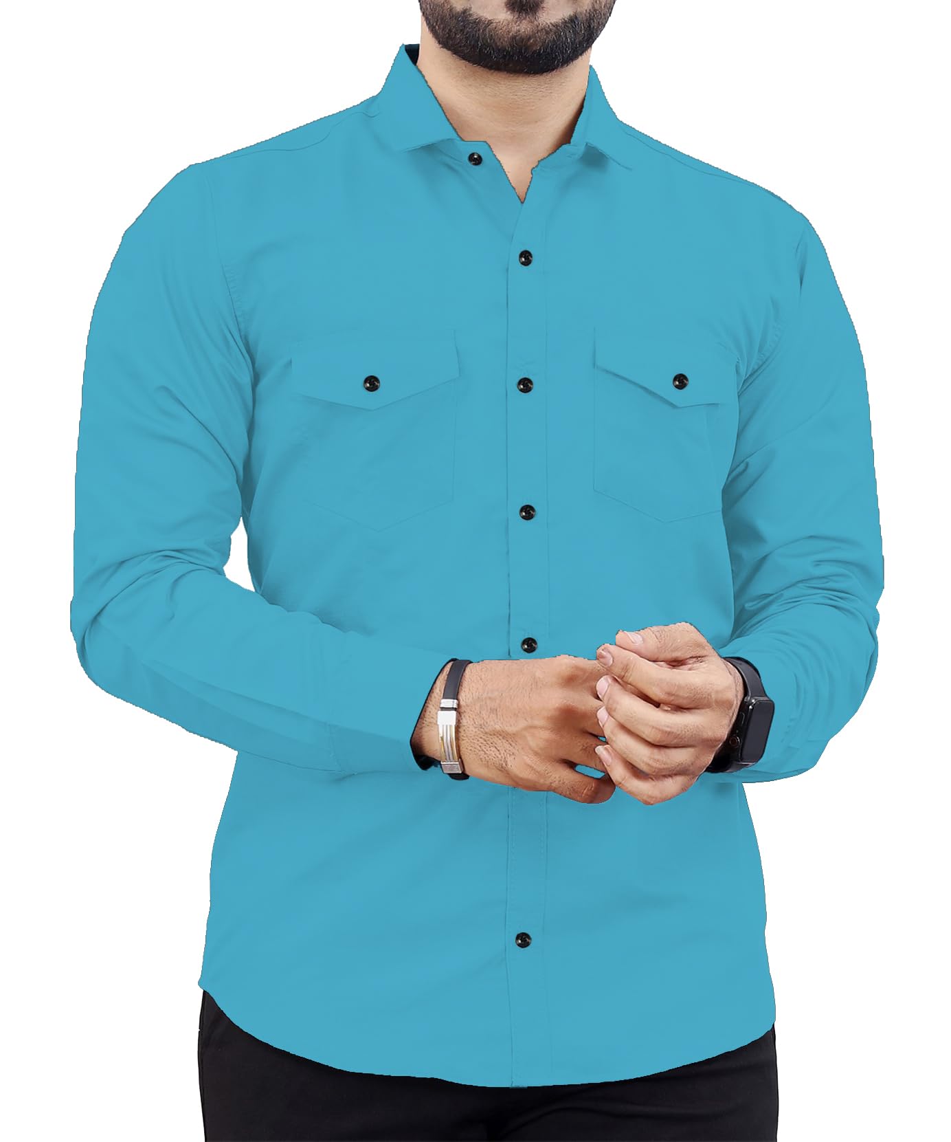 Rebelify MenS Cotton Blend Shirt With Pockets Full Sleeves Collared Neck Solid Pattern Botton Down Closure Regular Fit And Stan