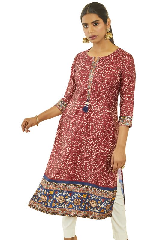 Soch Womens Maroon Satin Bandhani Print Kurta With Tassels