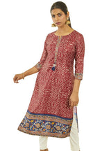 Soch Womens Maroon Satin Bandhani Print Kurta With Tassels