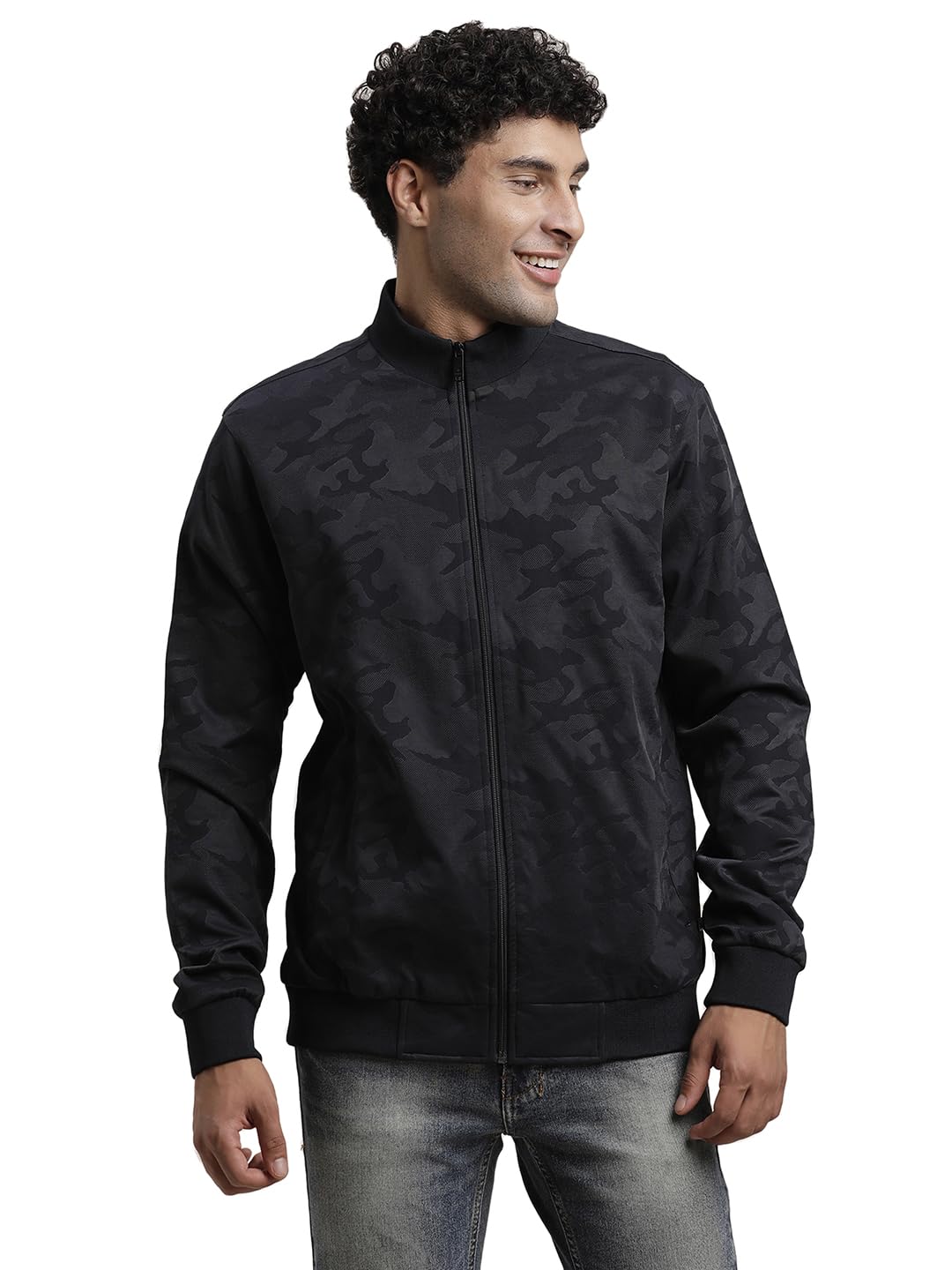 Turtle Men Knitted Printed Regular Fit Full Sleeve Black Windcheater Jacket