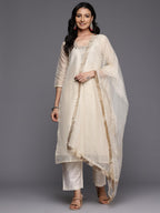 Varanga Women Off White Zari Embroidered And Sequinned Kurta Set With Dupatta