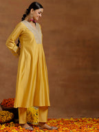 Libas Gerua Womens Yoke Design Silk Blend A-Line Kurta With Trousers