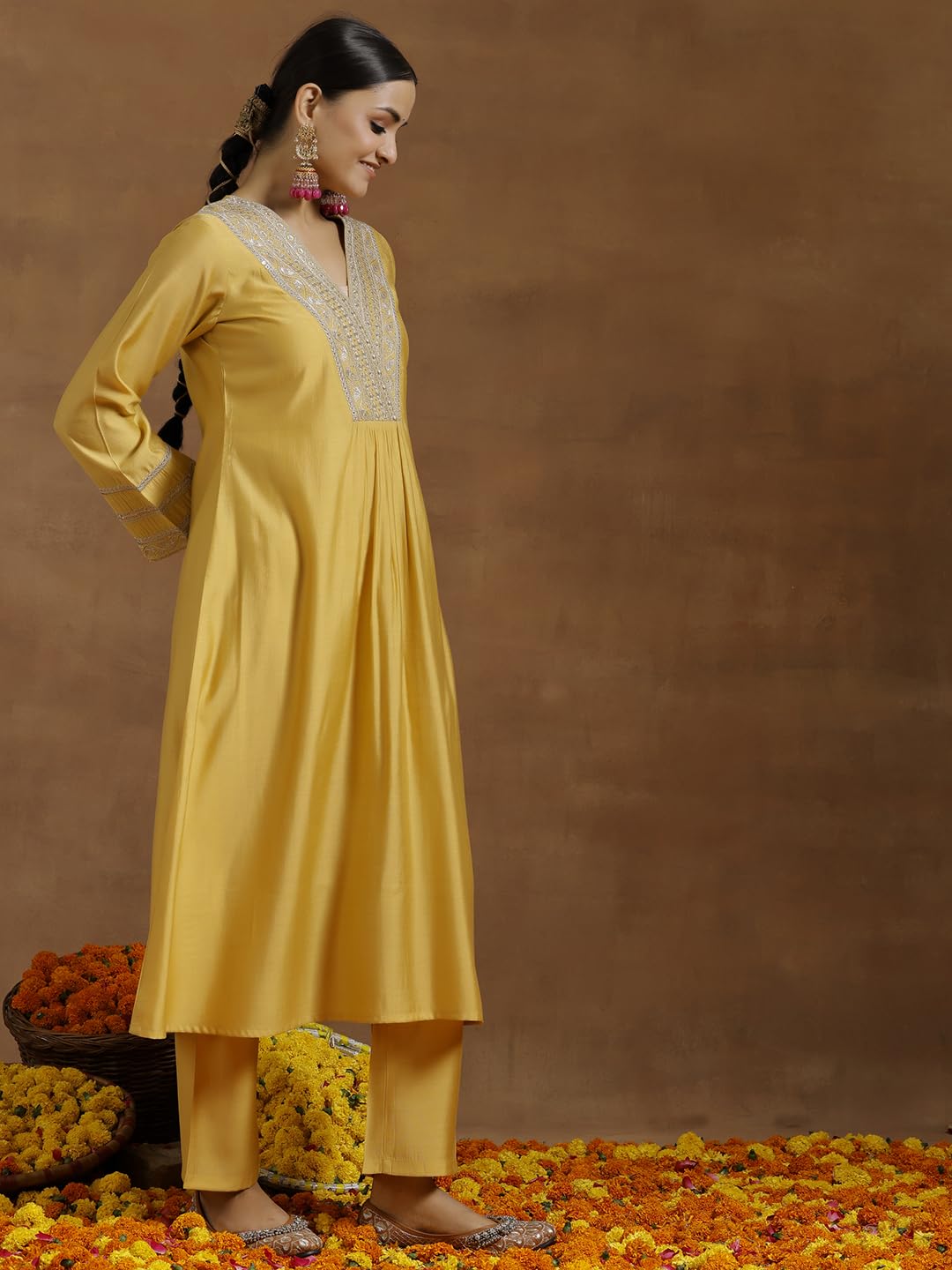 Libas Gerua Womens Yoke Design Silk Blend A-Line Kurta With Trousers
