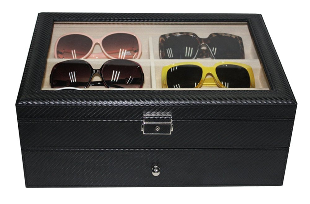 TimelyBuys 12 Piece Large Black Carbon Fiber Eyeglass Sunglass Two Level Glasses Display Case with Drawer Storage Box