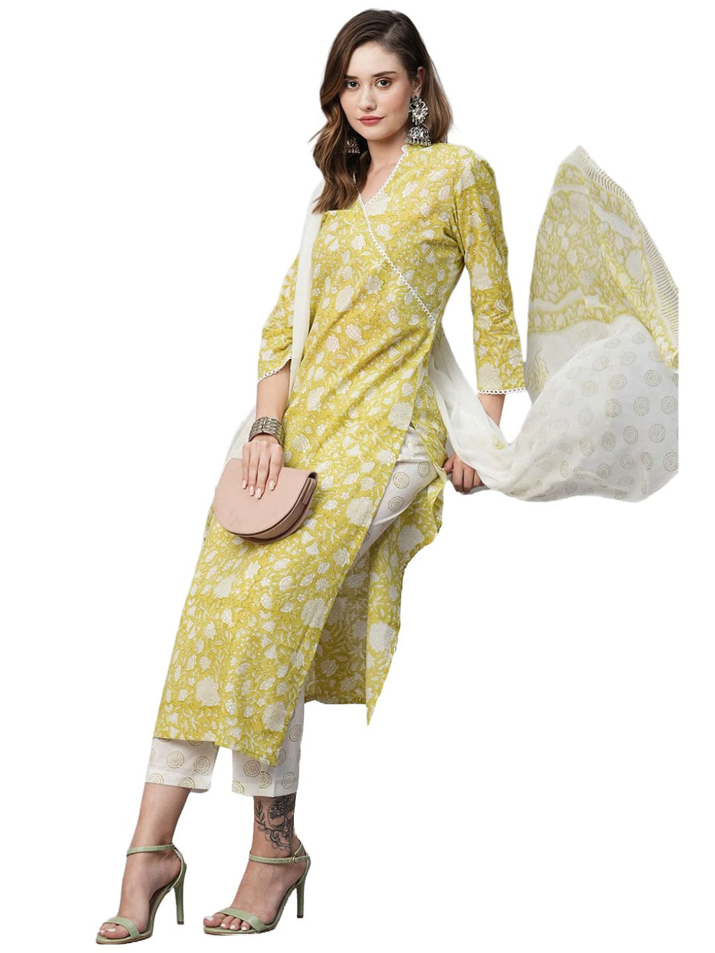 Gosriki Women'S Cotton Blend Straight Printed Kurta With Pant & Dupatta (Avni Green-Gs_Xxl_Green_Xx-Large)