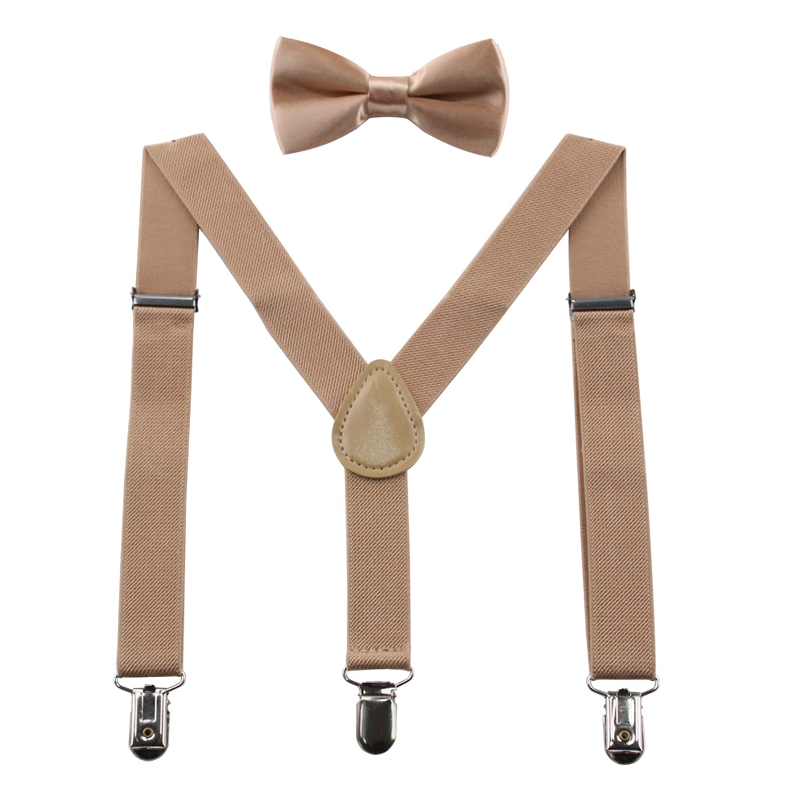 GUCHOL Khaki Kids Suspenders Bow Tie for Boys and Girls Adjustable Elastic Classic Accessory Sets Age 1 to 13 Year (Khaki, 33 IN