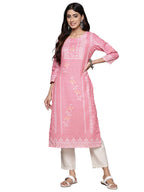 Ishin Women'S Silk Ethnic Motifs Pink Straight Kurta