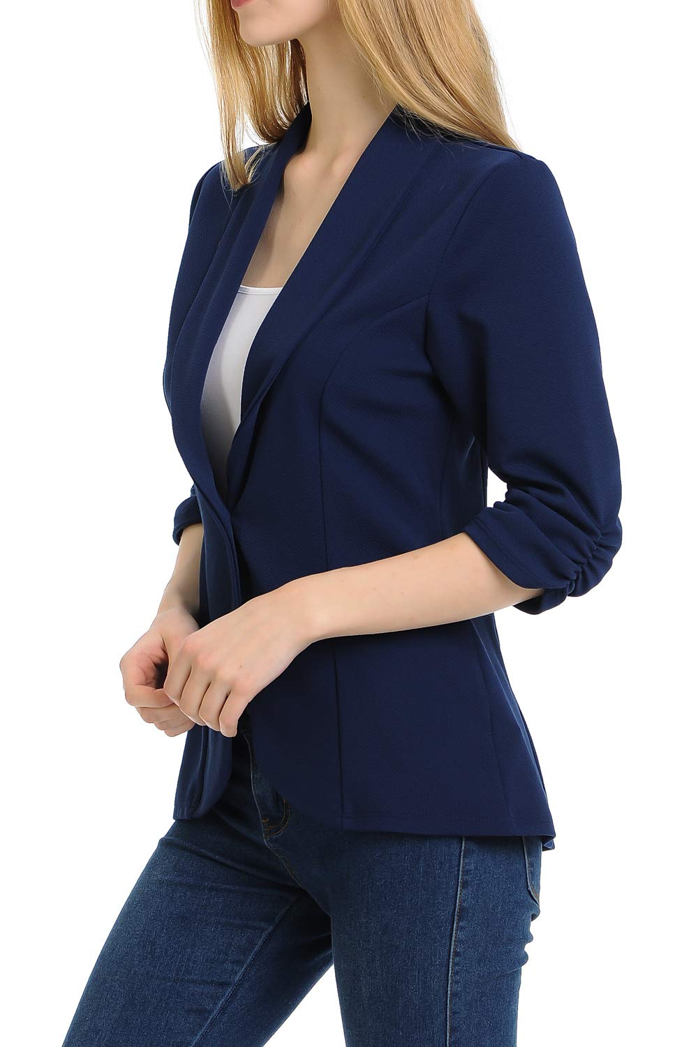 MINEFREE Women's 3/4 Ruched Sleeve Lightweight Work Office Blazer Jacket Navy M