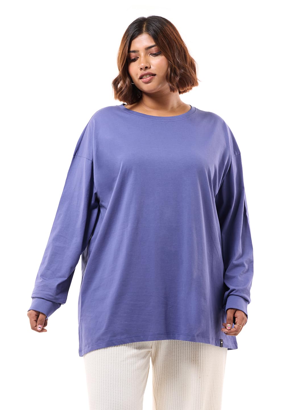 Bewakoof Womens Solid Oversized Fit Full Sleeve Round Neck Cotton Jersey Plus Size T-Shirt_617295_Blue_6XL