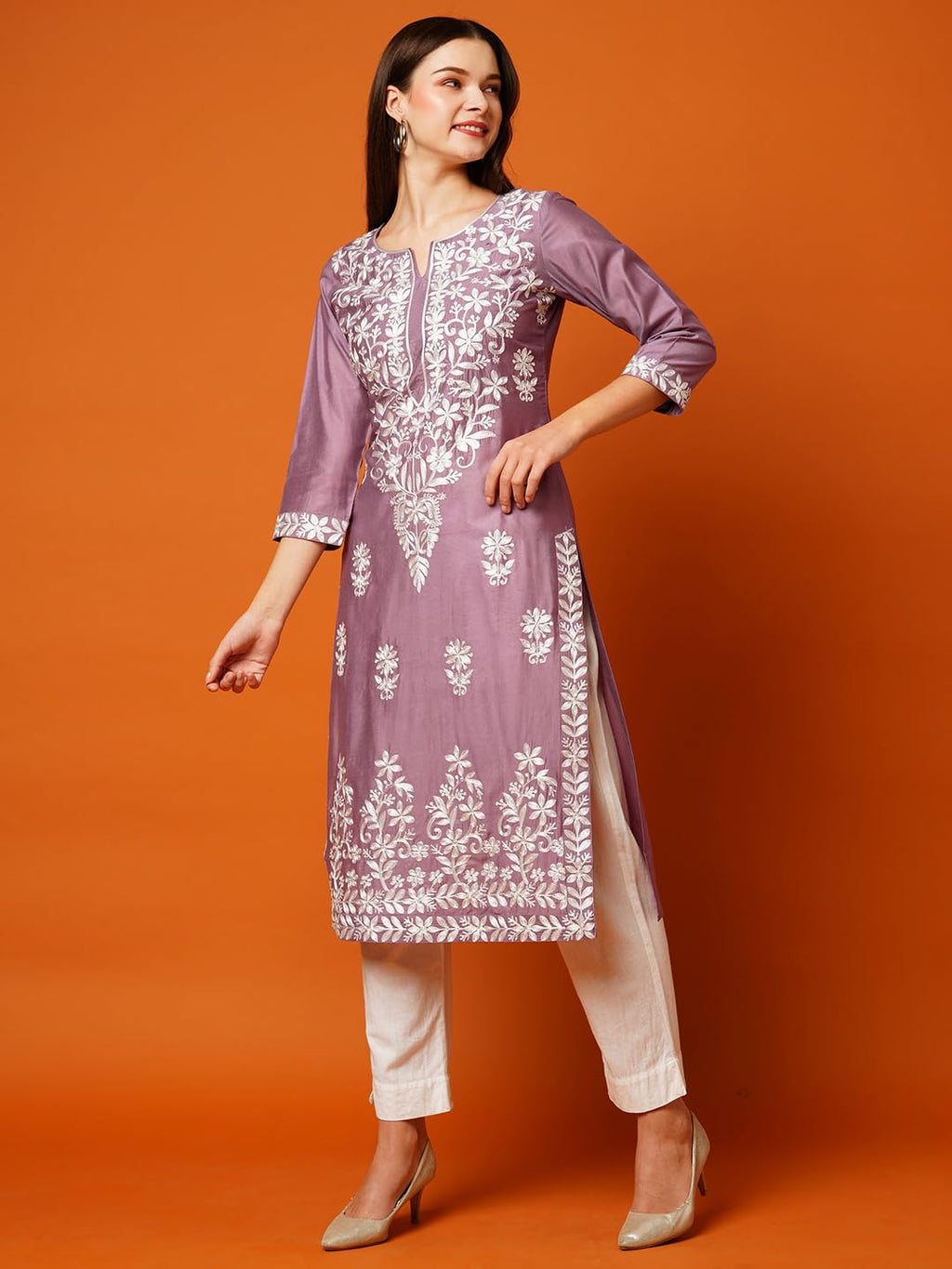 ANNI DESIGNER Womens Cotton Blend Straight Chikankari Embroidered Kurta (Chin-Purple_XXL_Purple_XX-Large)