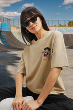 Juneberry Oversize Loose Baggy Fit Drop Shoulder Cool And Stylish Latest Duck Pocket Print Design Beige Half Sleeve T-Shirt For