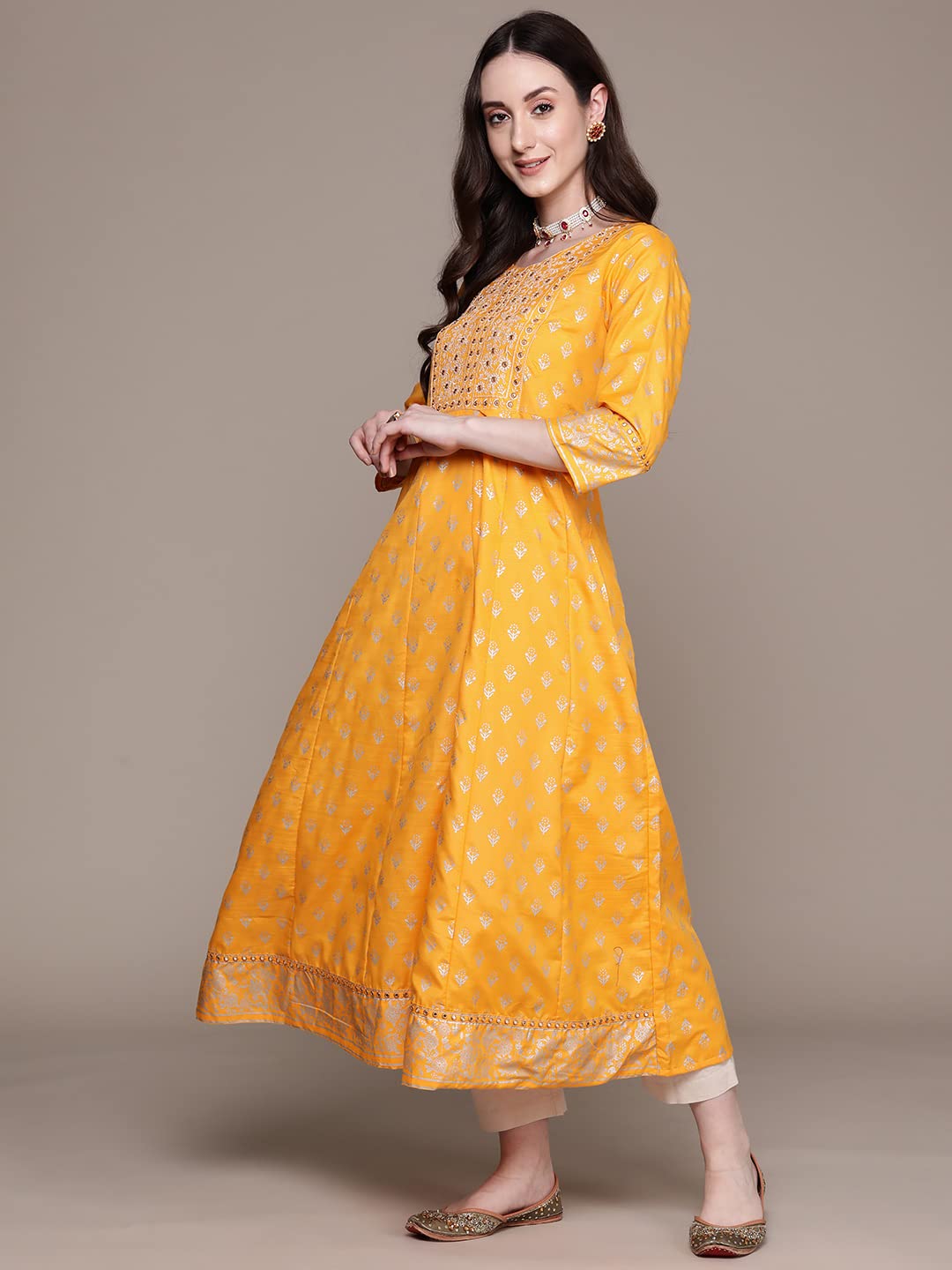 Anubhutee Women'S Viscose Rayon Ethnic Motifs Mustard Embroidered A-Line Kurta