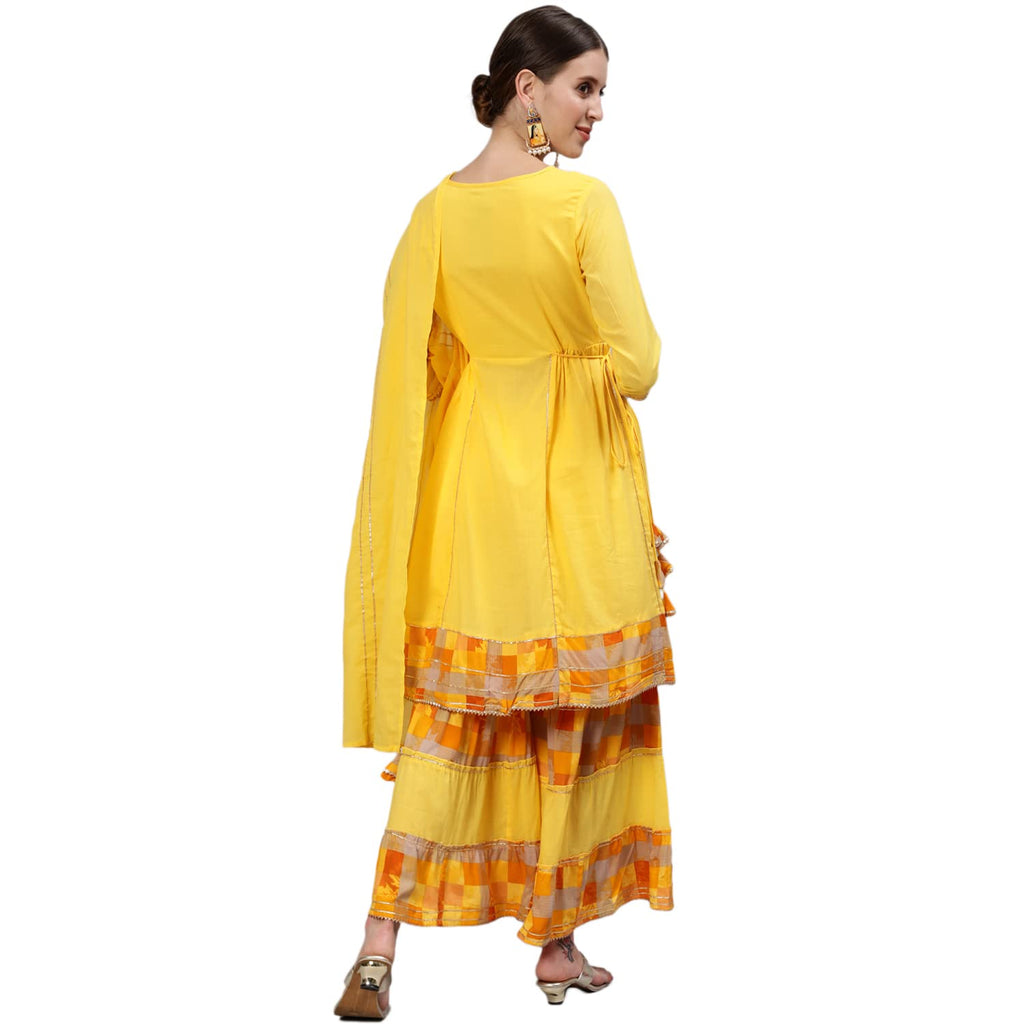 Ishin Women'S Cotton Yoke Embroidered Kurta With Sharara And Dupatta