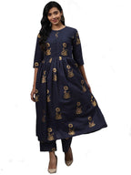 Gosriki WomenS Navy Blue & Golden Floral Printed Kurta With Palazzos