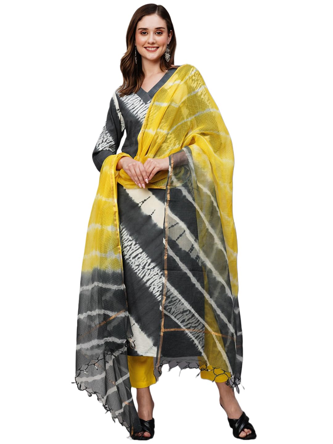ANNI DESIGNER Womens Cotton Blend Straight Printed Kurta with Pant & Dupatta (Bali Grey-NW_S_Grey_Small)