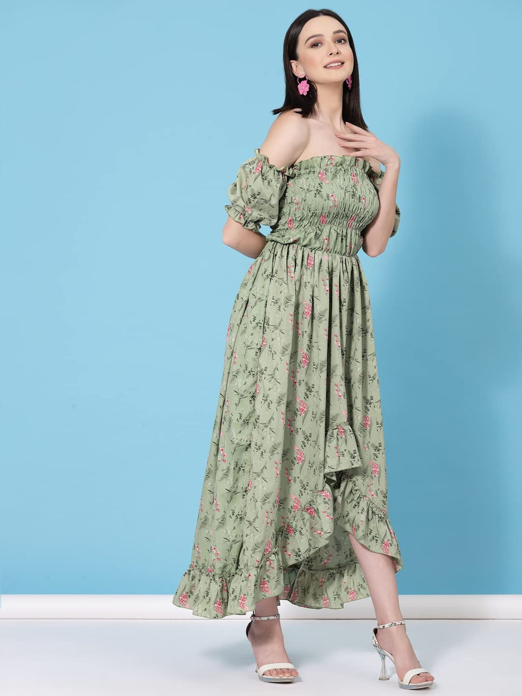 Oomph! Flared Dress For Women Stylish | Long One Piece For Women | Off Shoulder Puff Sleeve Long Dress | Floral Print Maxi One P