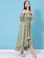 Oomph! Flared Dress For Women Stylish | Long One Piece For Women | Off Shoulder Puff Sleeve Long Dress | Floral Print Maxi One P