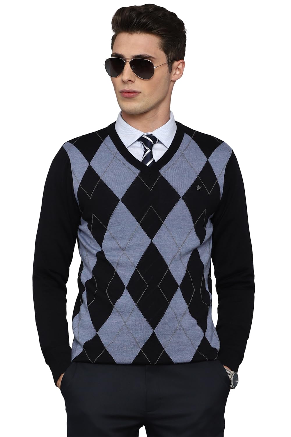 Louis Philippe Men Black Check V Neck Full Sleeves Sweater