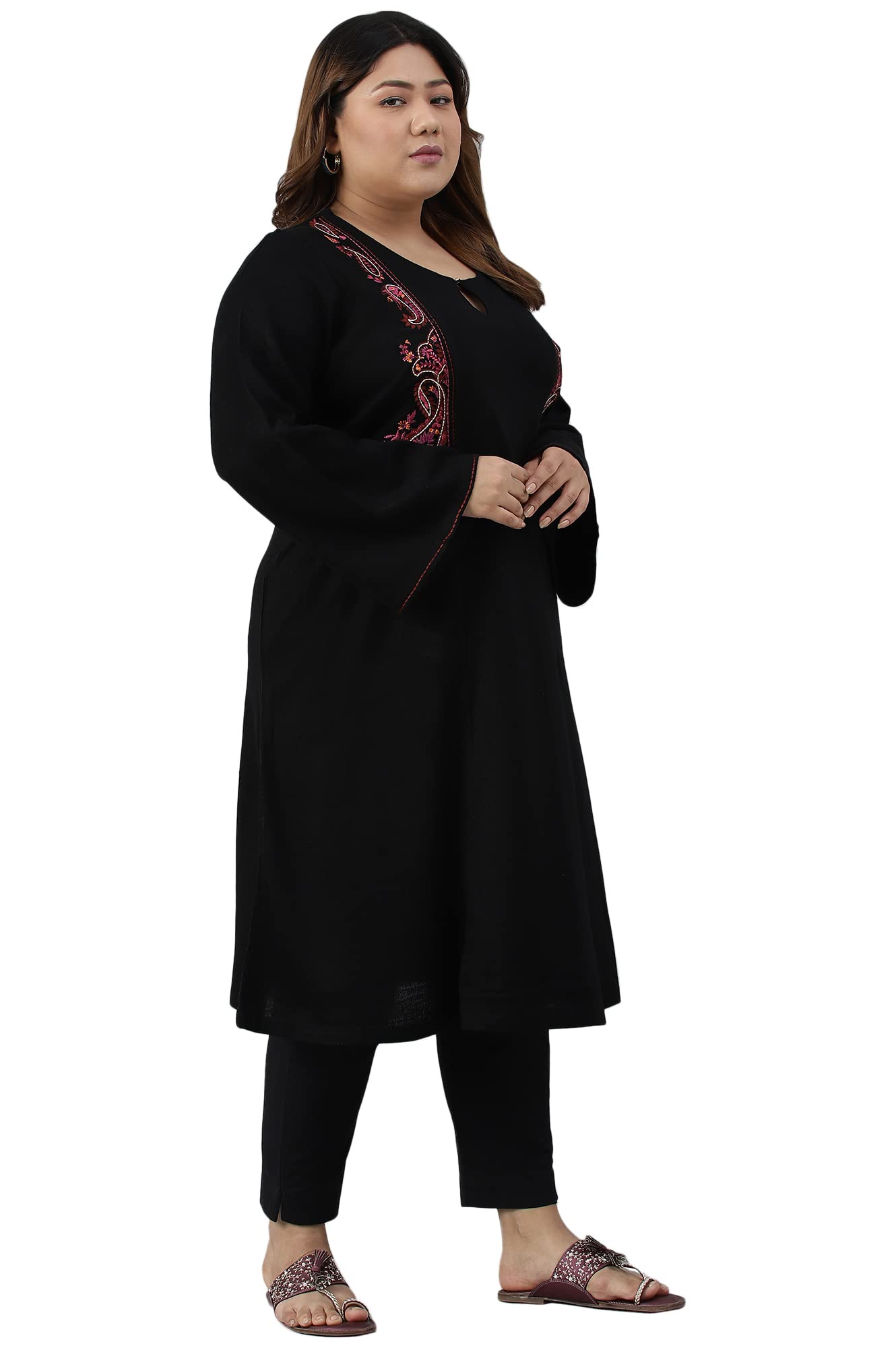 W For Woman Black Embroidered Plus Size Winter Kurta