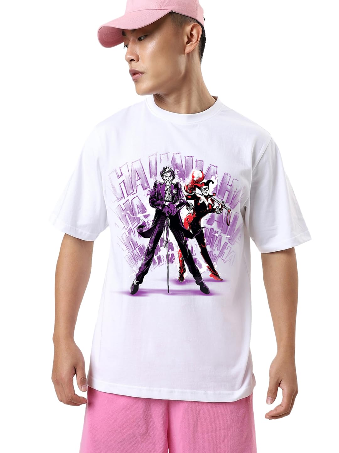 Bewakoof Official Dc Merchandise Joker MenS Graphic Print Oversized Fit Half Sleeve Round Neck Single Jersey T-Shirt_648595_Whit