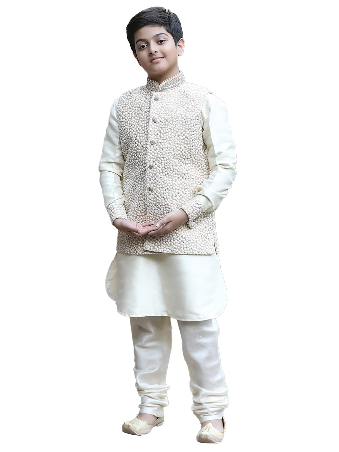 Manyavar BoyS Blended Silk Full Sleeve Kurta Jacket Breeches Set(8-10 Years)