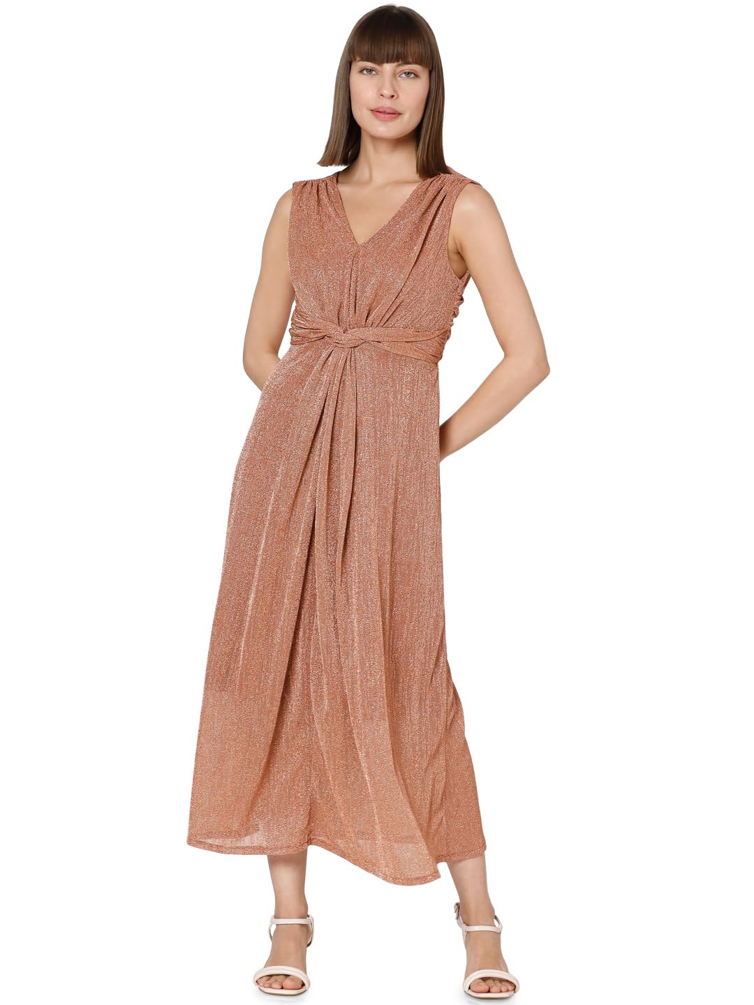Vero Moda Women Textured Nylon Blend Maxi Peach A-Line Dress