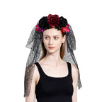 June Bloomy Day of the Dead Headpiece Rose Floral Crown Veil Halloween Costume Mexican Headband (D-Veil Burgundy Black)