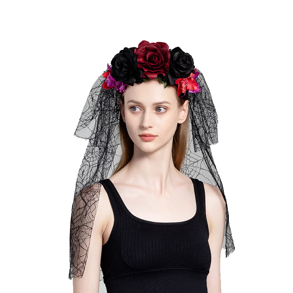 June Bloomy Day of the Dead Headpiece Rose Floral Crown Veil Halloween Costume Mexican Headband (D-Veil Burgundy Black)