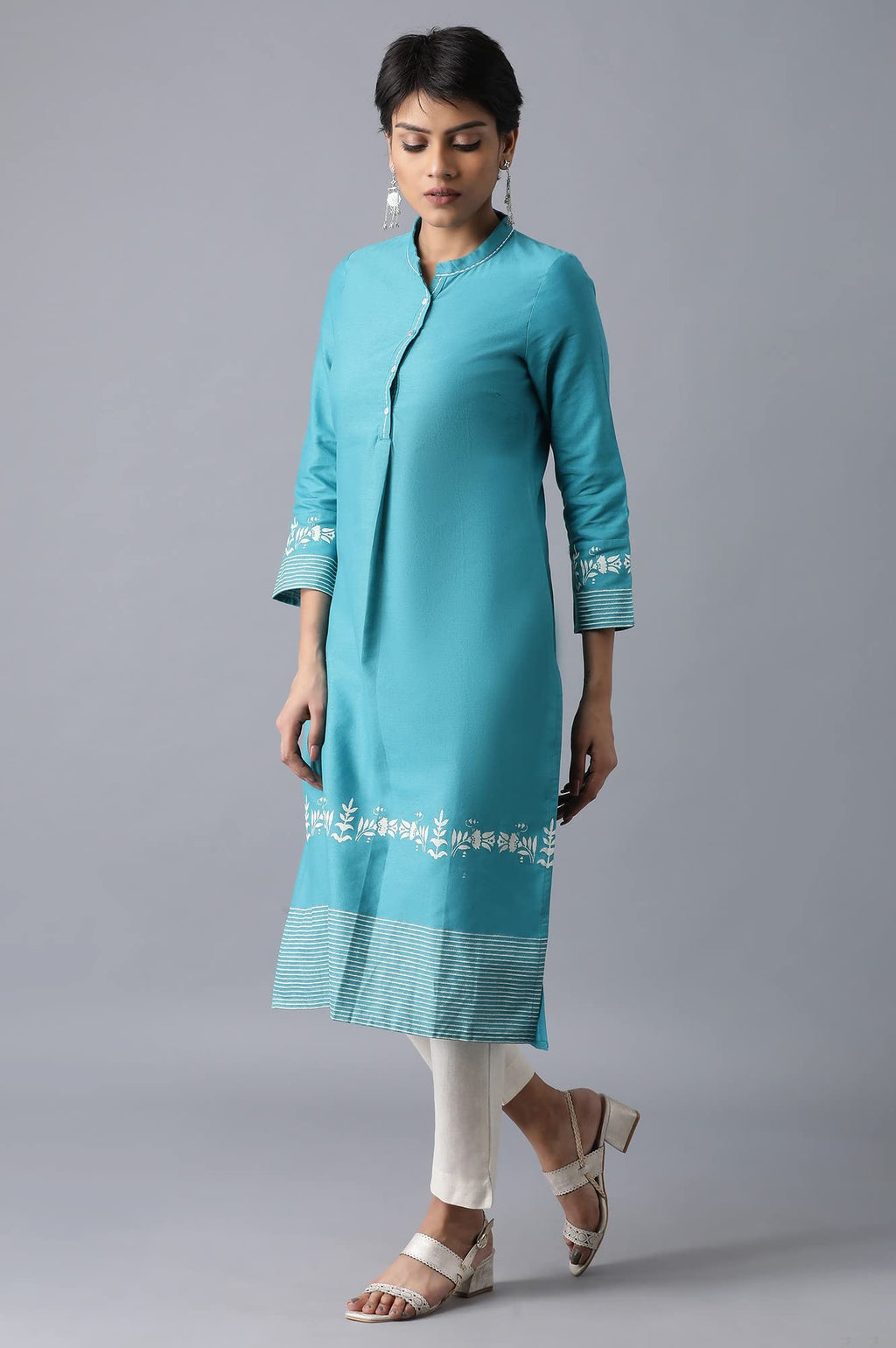 W Women Teal Floral Print Cotton Straight Kurta