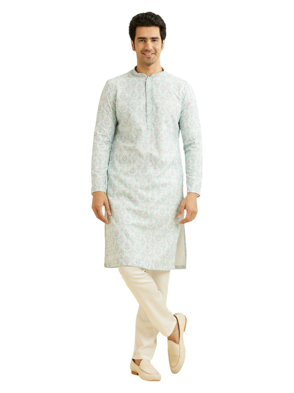 Manyavar Mens Cotton Blend Printed | Chikankari Kurta Pyjama Set (Blue,XL)