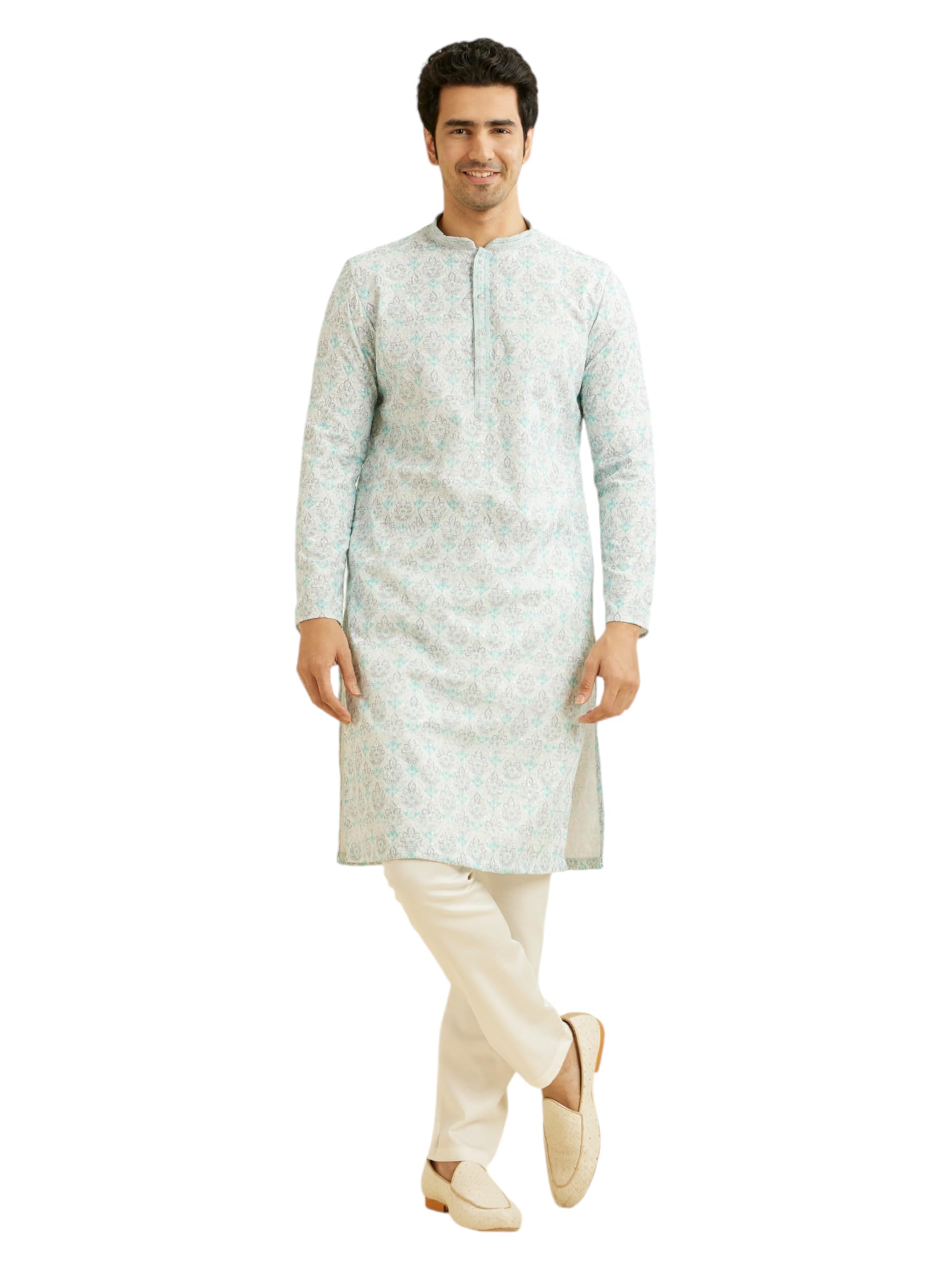 Manyavar Mens Cotton Blend Printed | Chikankari Kurta Pyjama Set (Blue,XL)
