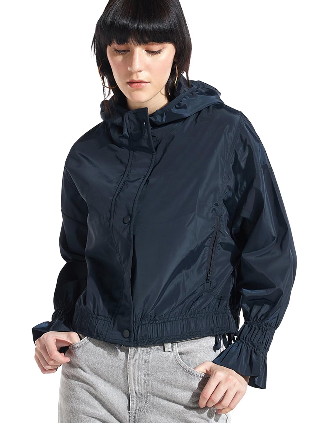 Bewakoof WomenS Solid Oversized Fit Full Sleeve Hooded Neck Nylon Windcheater Jacket_640986_Blue_2Xl
