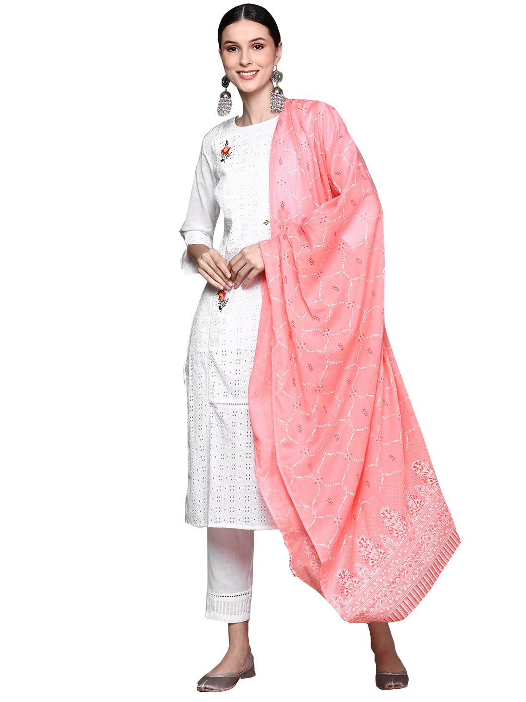 Ishin Women'S Pure Cotton Straight Embroidered Thread Work Floral Print White Kurta Suit Set With Trouser Inwsd0221_Wh_L_White