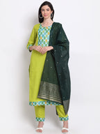 Anni Designer Women'S Cotton Straight Kurta With Pant & Dupatta (Mohak Green)
