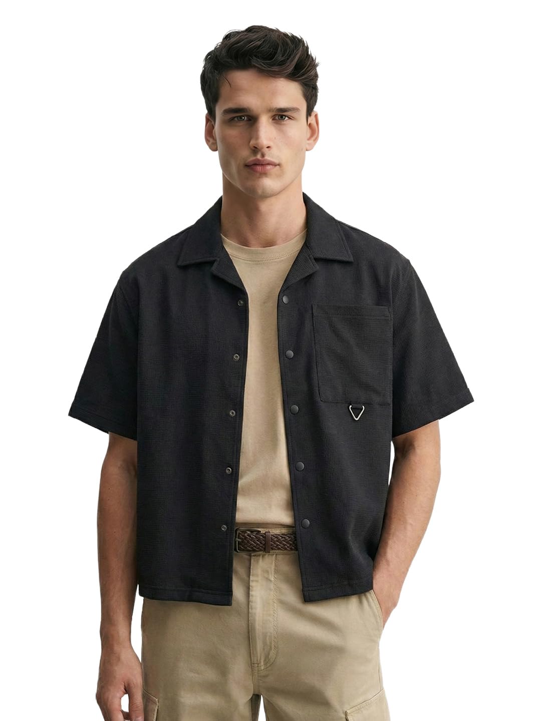 The Indian Garage Co Mens Boxy Cuban Collar Half Sleeves Textured Shirt