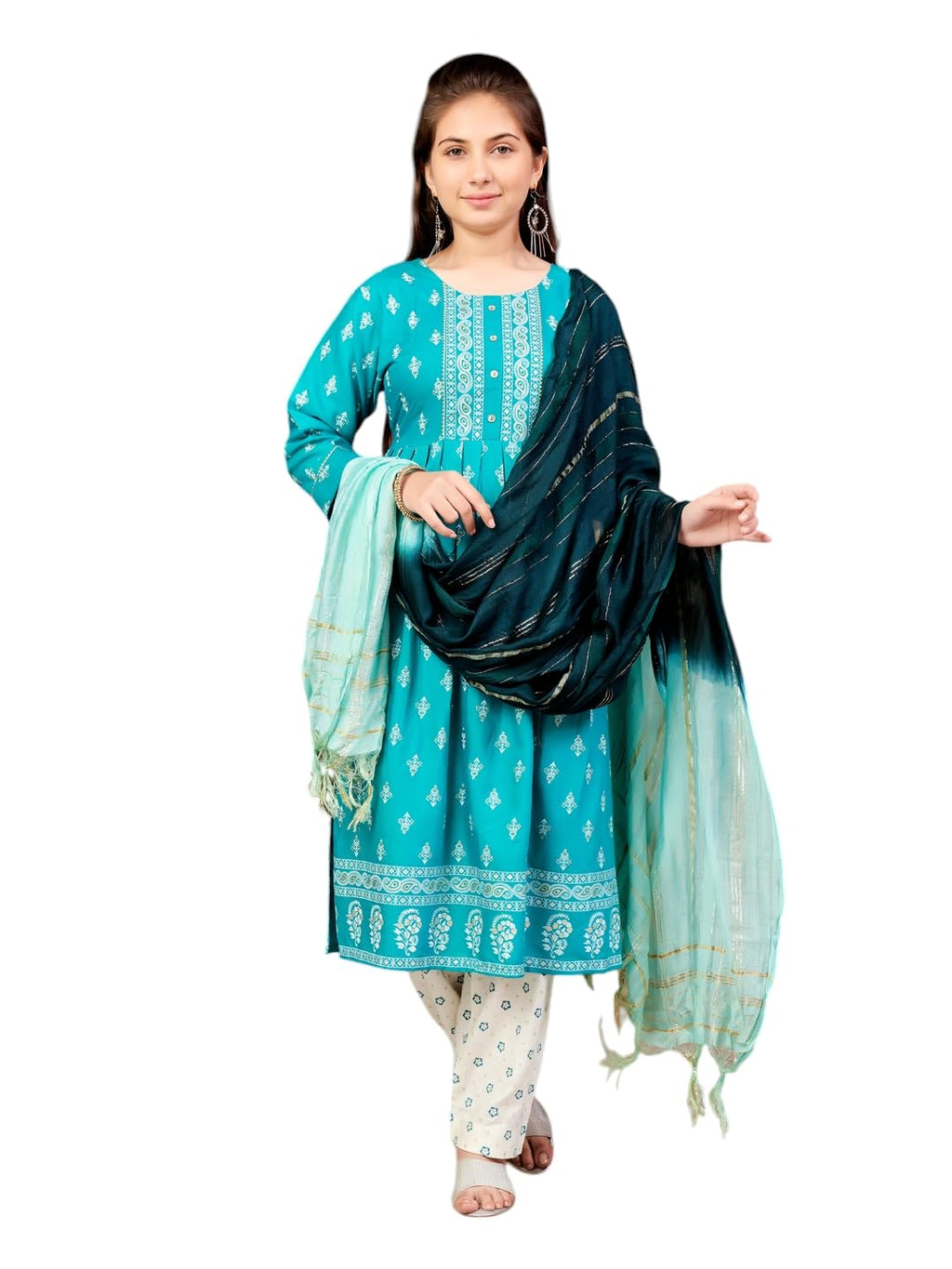 Aarika Girls Ethnic Wear Sea Green-Off White Colour Foil Print Rayon Kurti Pant Set-8-15 Years (Kp-Sd-5889)